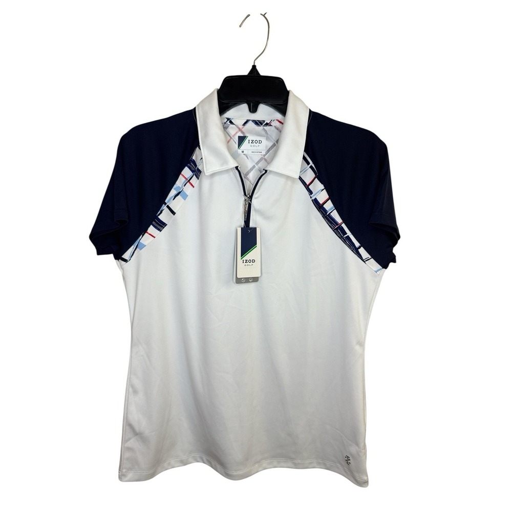 Izod Golf‎ Womens 1/4 Zip Pullover Top Size M White Navy UPF 15 Wicking NWT